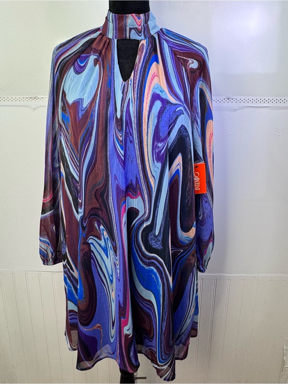 NWT InTempo Abstract Swirl Print Shimmer Dress Mock Neck Purple Blue Medium
